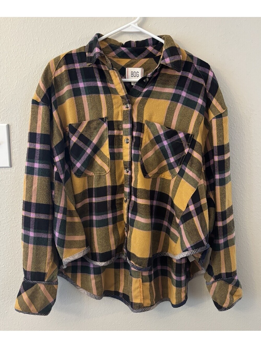 BDG Urban Outfitters Flannel PlaidBoxy Crop Button-Down Shirt Yellow/Pink Small
